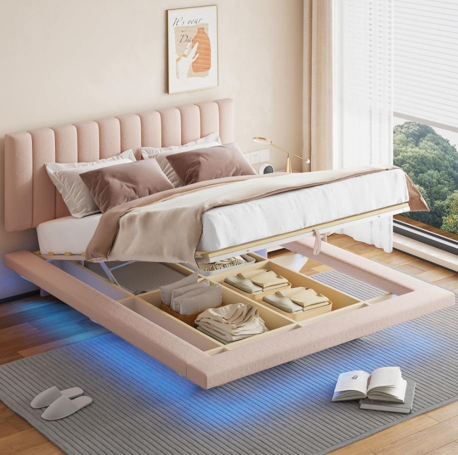 Floating bed featuring built-in storage drawers and a modern design