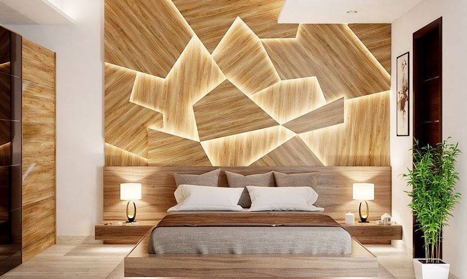 Floating bed paired with decorative wooden wall panels in a modern bedroom