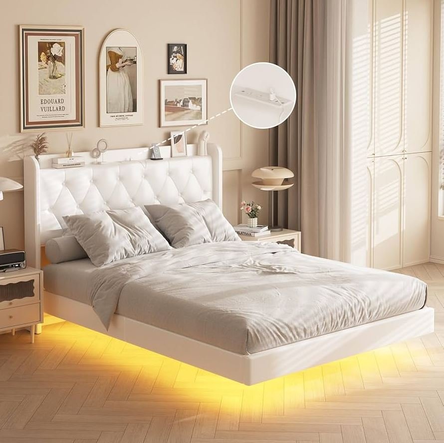 Modern floating queen-size bed with a hidden support base