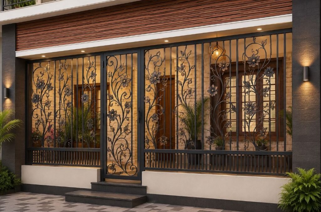 Floral pattern house front veranda grill design for traditional homes