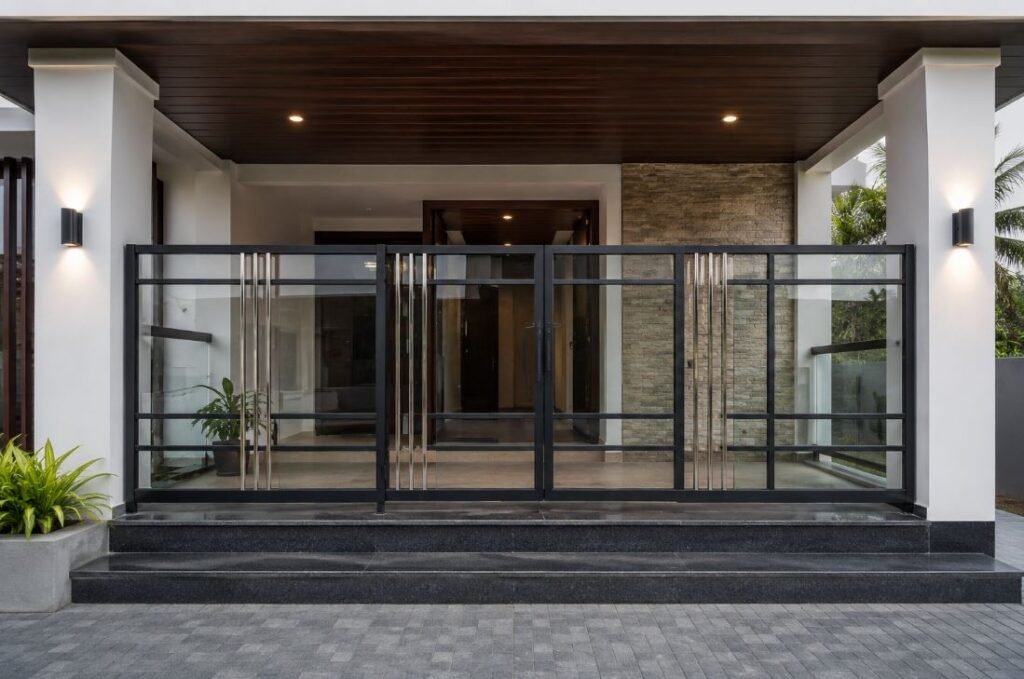 Glass and steel veranda grill design for luxury modern homes