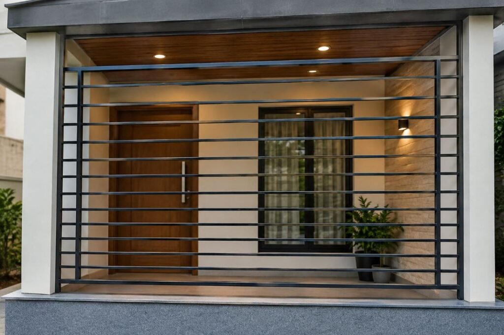 Horizontal bar veranda grill design for modern home entrance