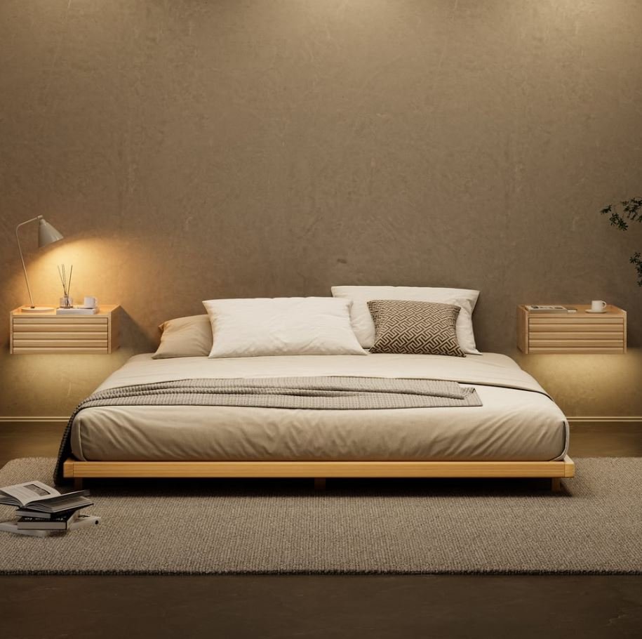 Japanese-inspired low-profile floating bed with a minimalist Zen design