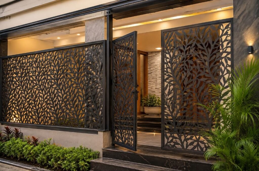 Laser cut metal veranda grill design for modern house front