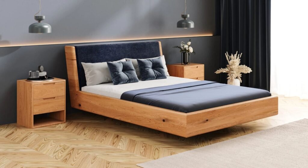 Luxury floating bed with an upholstered headboard and elegant LED lighting