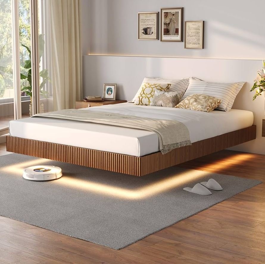 Mid-century modern floating bed frame with wooden legs and clean lines