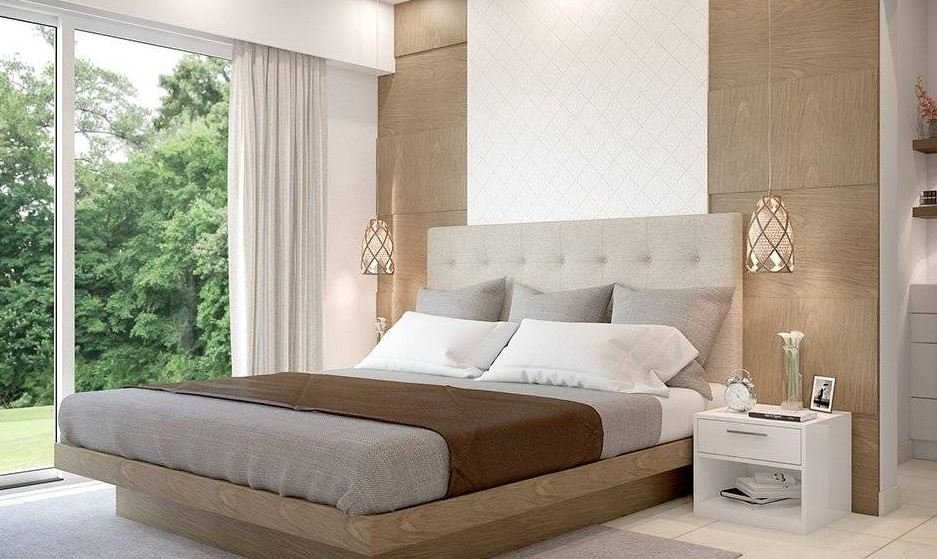 Minimalist floating bed with a sleek platform frame in a modern bedroom
