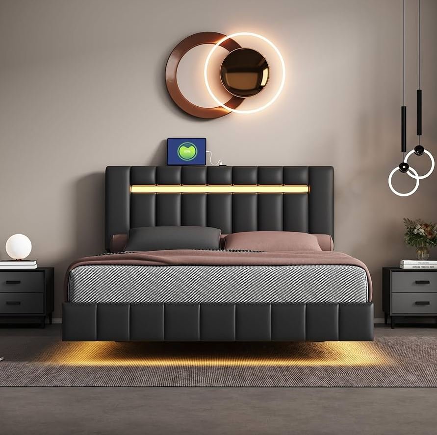 Modern black floating bed with a minimalist platform frame