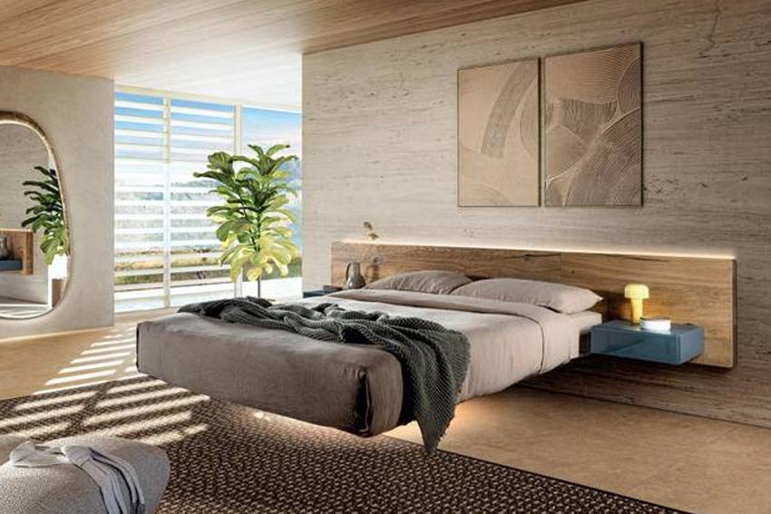 Rustic wooden floating bed with natural textures and warm interior décor