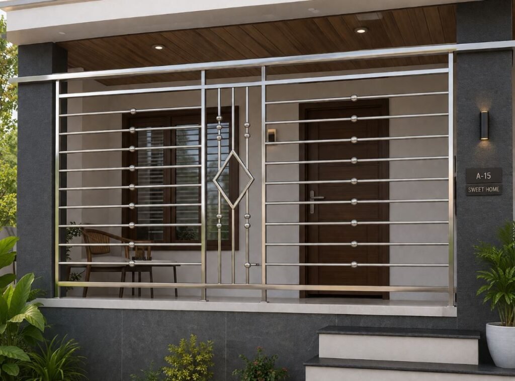 Stainless steel front veranda grill design for modern house entrance