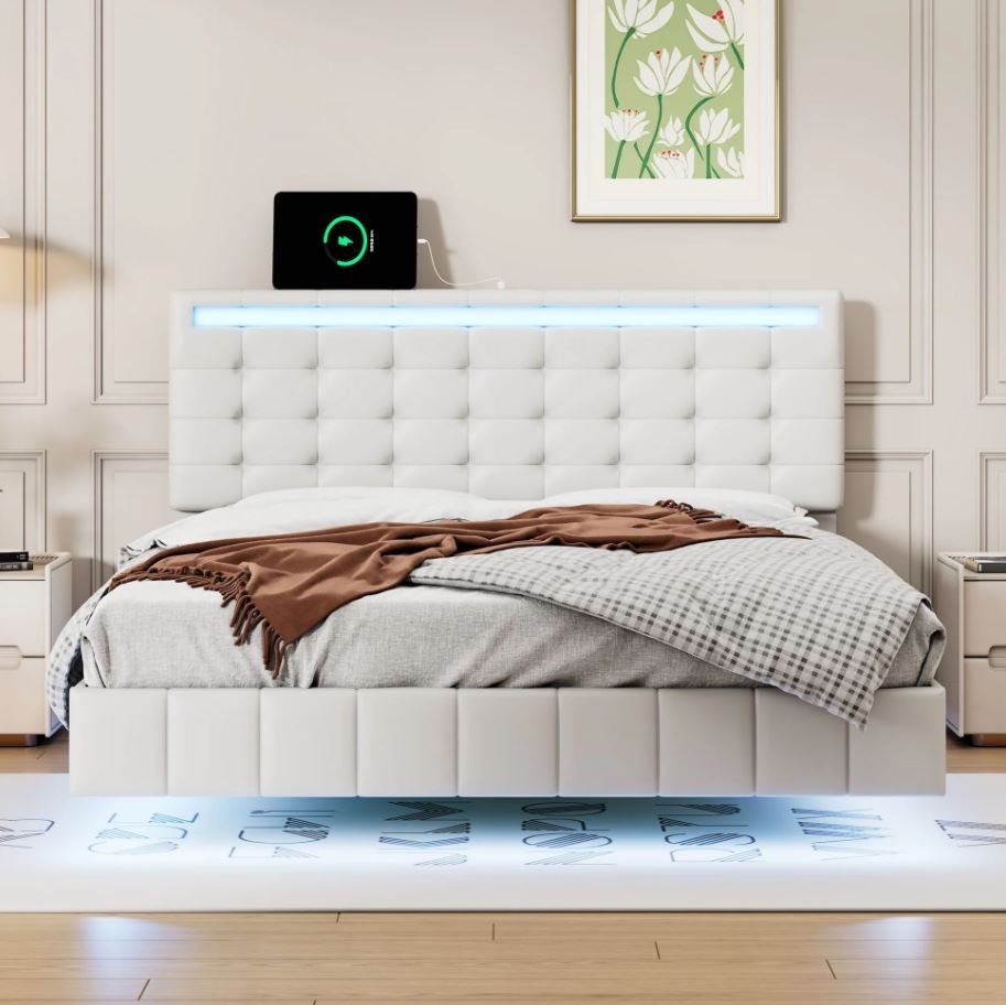 White floating bed creating a bright and airy contemporary bedroom