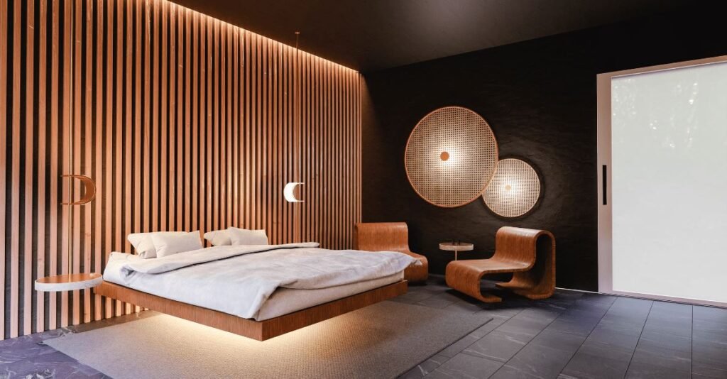 Modern wooden floating bed with a natural oak finish and hidden support base